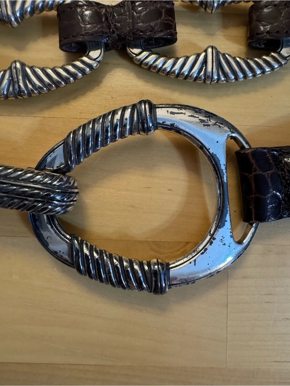 Brighton Dark Brown Croc-Embossed Leather Belt with Silver Chain Links 32”